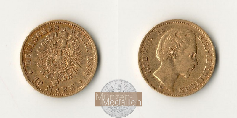 Bayern, Kaiserreich  10 Mark MM-Frankfurt Feingold: 3,58g Ludwig II. 1864-1886 1876 D 