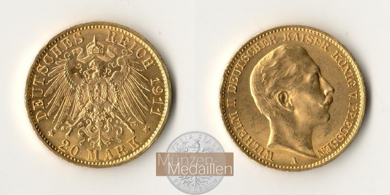 Dt. Kaiserreich, Preussen. Wilhelm II. MM-Frankfurt Feingold: 7,16g 20 Mark 1911 A 