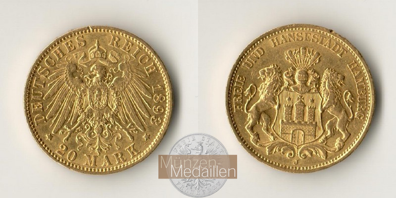 Deutsches Kaiserreich. Hamburg MM-Frankfurt KM#618 Feingold: 7,17g 20 Mark 1893 J (1893-1913)  
