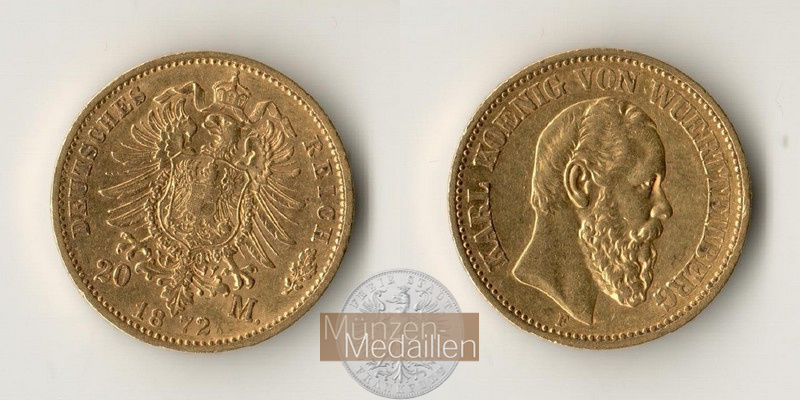 Deutsches Kaiserreich. Württemberg, Karl MM-Frankfurt Feingold: 7,17g 20 Mark 1872 F 
