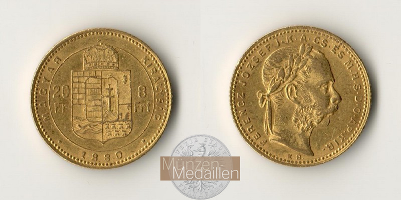Ungarn MM-Frankfurt Feingold: 5,81g 8 Forint / 20 Franken 1880 