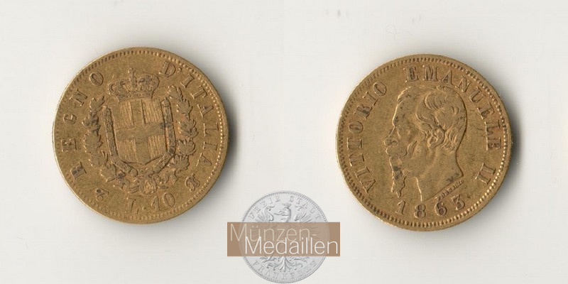 Italien, Vittorio Em. II. (1861-1878) MM-Frankfurt  Feingewicht: 2,91g 10 Lire 1863 