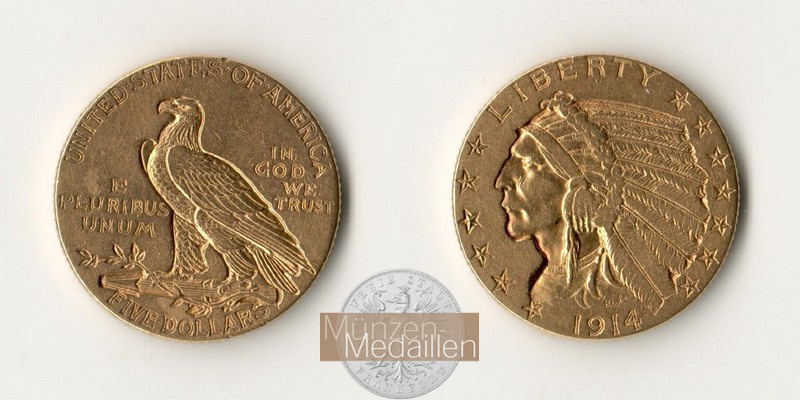 USA. 5 Dollar MM-Frankfurt Feingold: 7,52g Half Eagle - Indian Head 1914 