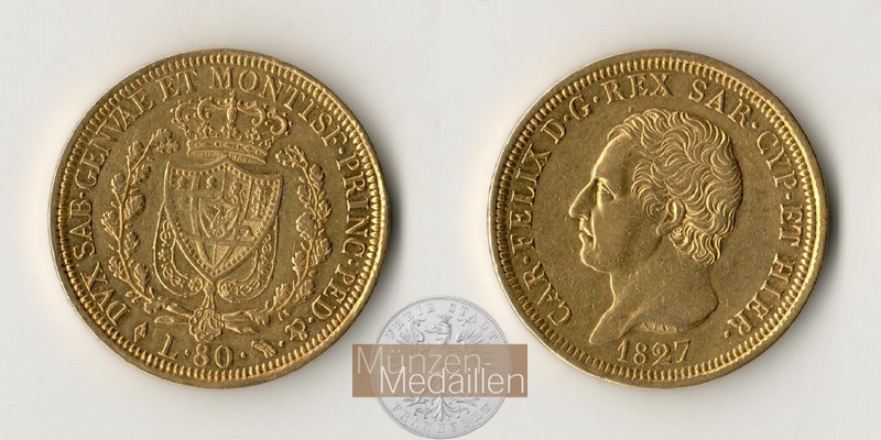 Sardinien, Karl Felix 1821-1831. MM-Frankfurt Feingold: 23,22g 80 Lire 1827 L 