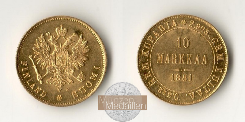 Finnland, Alexander III. (1881-1894) MM-Frankfurt Feingewicht: 2,9g 10 Markkaa 1881 S 