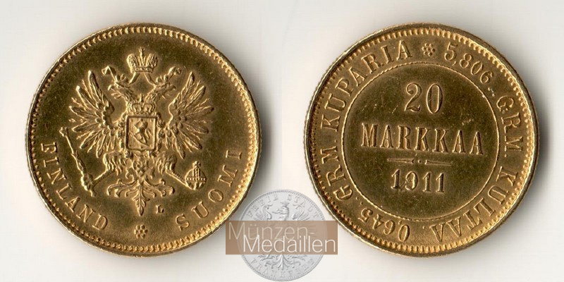 Finnland (russ. Besatzung) MM-Frankfurt Feingold: 5,81g 20 Markkaa 1911 L 