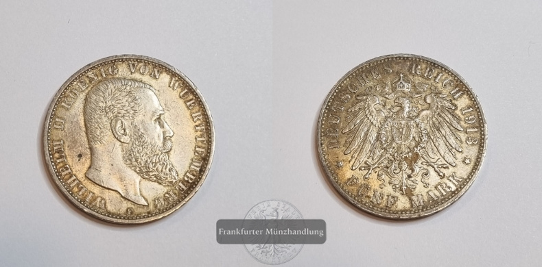  Deutsches Kaiserreich  Württemberg  5 Mark  1913 F    FM-Frankfurt Feingewicht: 25g Silber   
