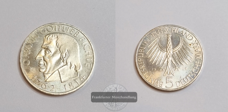  Deutschland 5 Mark 1964 Johann Gottlieb Fichte J#393 FM-Frankfurt Feinsilber: 7g   