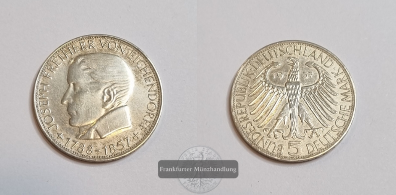  Deutschland 5 DM 1957 J  Joseph Freiherr von Eichendorff   FM-Frankfurt  Feinsilber: 7g   