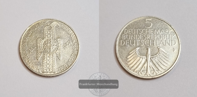  Deutschland 5 Mark, 1952 Germanisches Nationalmuseum in Nürnberg  FM-Frankfurt KM#113 Feinsilber: 7g   