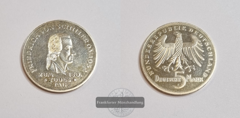  Deutschland 5 DM 1955 F  Zum 150. Todestag von Schiller J#389  FM-Frankfurt  Feinsilber: 7g   