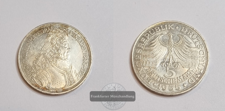  Deutschland 5 DM Gedenkmünzen 1955 Türkenlouis  FM-Frankfurt Feinsilber: 7g   