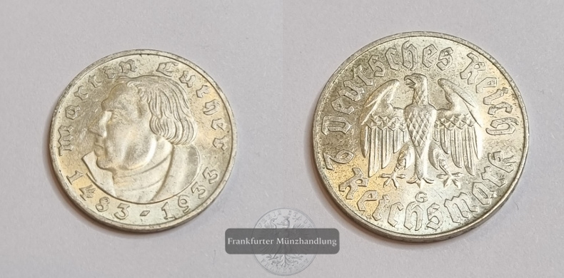  Deutschland Drittes Reich  2 Reichsmark  1933 G  Martin Luther  FM-Frankfurt  Feinsilber: 5g   