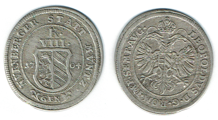  SZAIVERT ALTDEUTSCHLAND NÜRNBERG VIII KREUZER 1704 GFN ADLER LEOPOLD I   