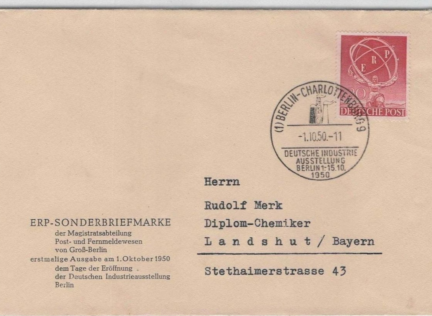  Berlin  Nr 71 auf FDC Brief mit Sonderstempel Berlin Charlottenburg,01.10.50   