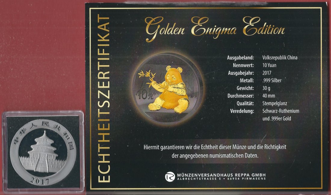  10 Yuan 2017 Panda 1 OZ Enigma Editio Koblenzer Muenzen Studio Münzankauf Koblenz Frank Maurer AL133   