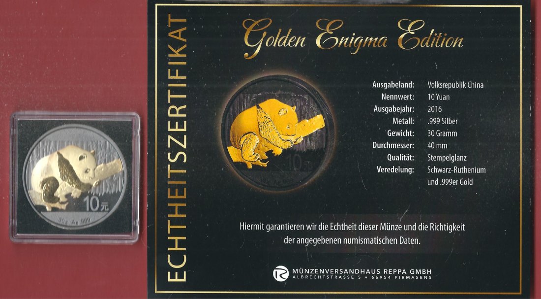  10 Yuan 2016 Panda 1 OZ Enigma Editio Koblenzer Muenzen Studio Münzankauf Koblenz Frank Maurer AL135   