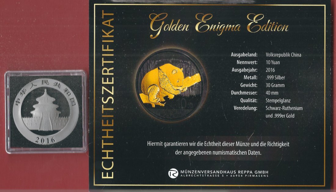  10 Yuan 2016 Panda 1 OZ Enigma Editio Koblenzer Muenzen Studio Münzankauf Koblenz Frank Maurer AL135   