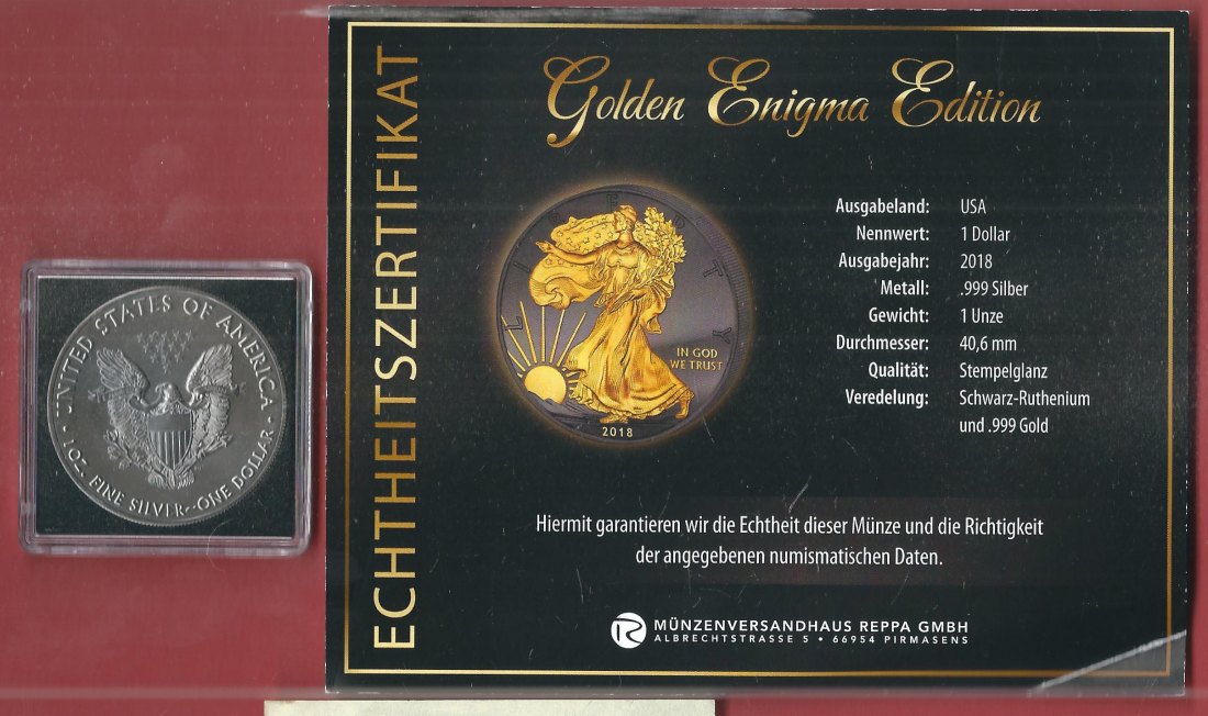  1 D. USA 2018 1 OZ Enigma Edition Koblenzer Muenzen Studio Münzankauf Koblenz Frank Maurer AL139   