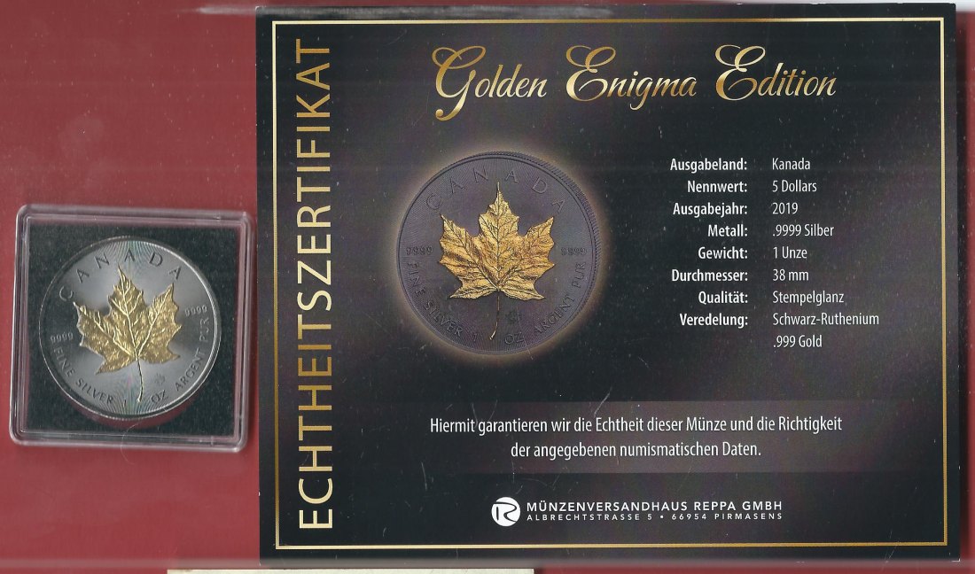  5 D. Kanada 2019 1 OZ Enigma Edition Koblenzer Muenzen Studio Münzankauf Koblenz Frank Maurer AL140   