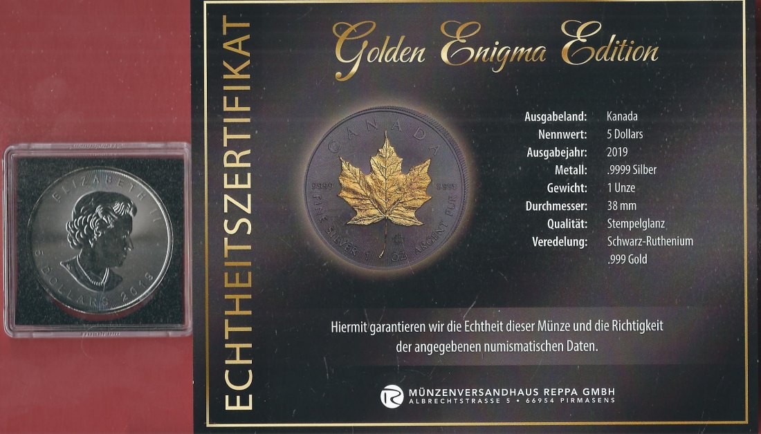  5 D. Kanada 2019 1 OZ Enigma Edition Koblenzer Muenzen Studio Münzankauf Koblenz Frank Maurer AL140   