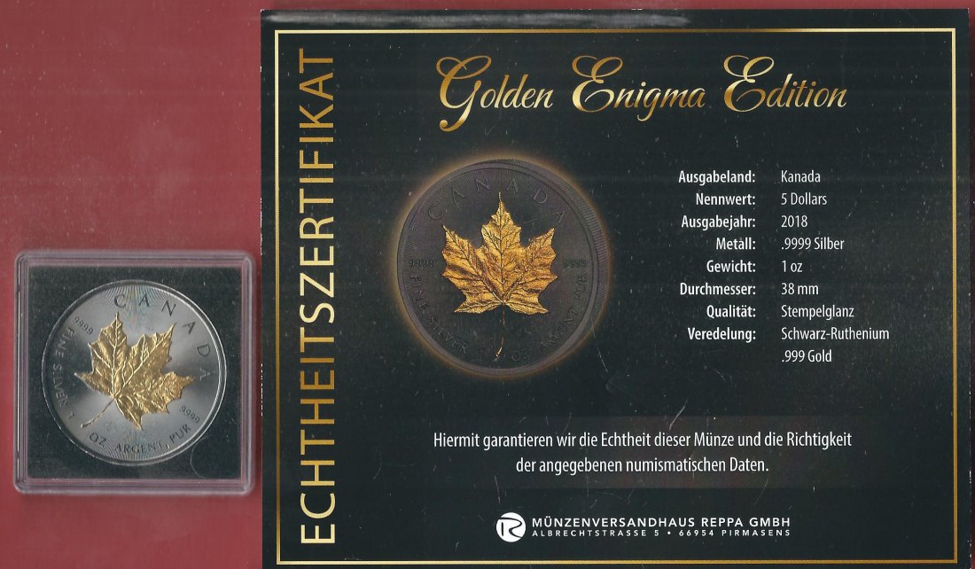  5 D. Kanada 2018 1 OZ Enigma Edition Koblenzer Muenzen Studio Münzankauf Koblenz Frank Maurer AL141   