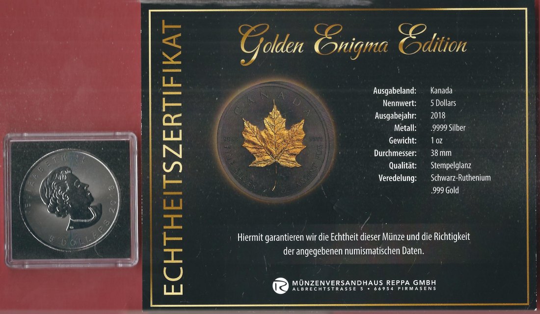  5 D. Kanada 2018 1 OZ Enigma Edition Koblenzer Muenzen Studio Münzankauf Koblenz Frank Maurer AL141   