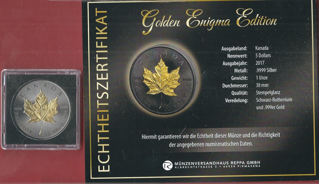  5 D. Kanada 2017 1 OZ Enigma Edition Koblenzer Muenzen Studio Münzankauf Koblenz Frank Maurer AL142   