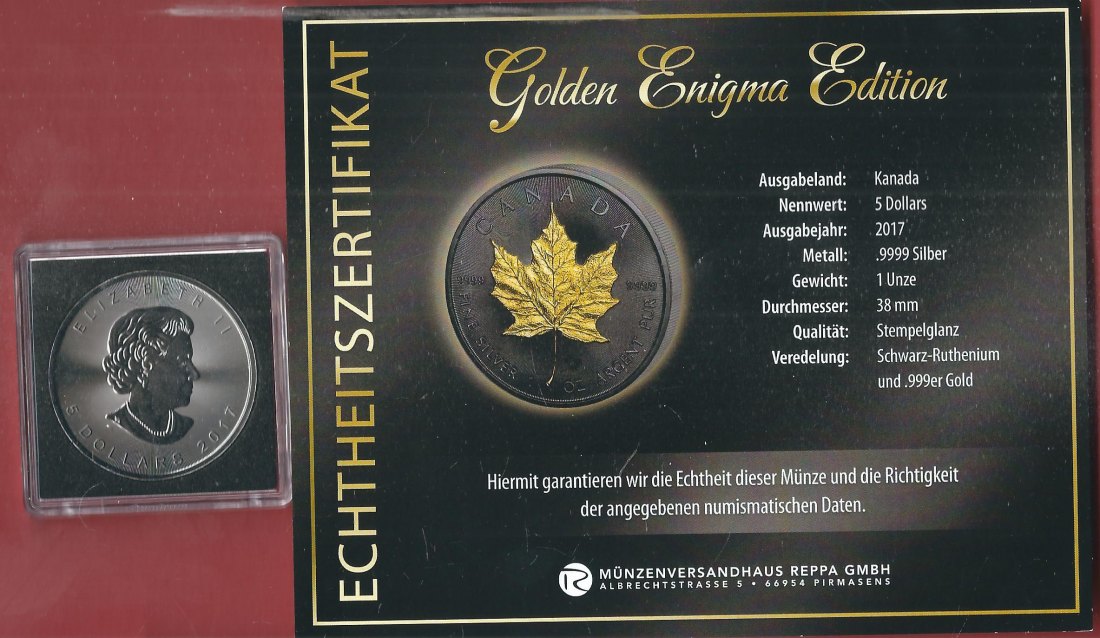  5 D. Kanada 2017 1 OZ Enigma Edition Koblenzer Muenzen Studio Münzankauf Koblenz Frank Maurer AL142   