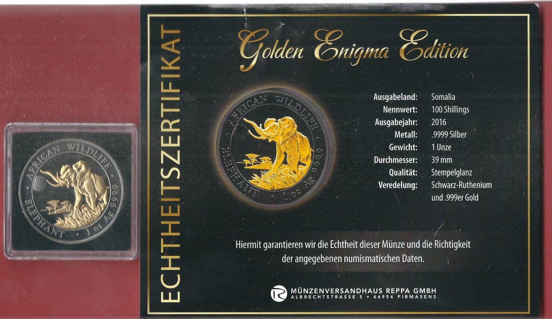  Somalia 100S.2016 1 OZ Enigma Edition Koblenzer Muenzen Studio Münzankauf Koblenz Frank Maurer AL150   