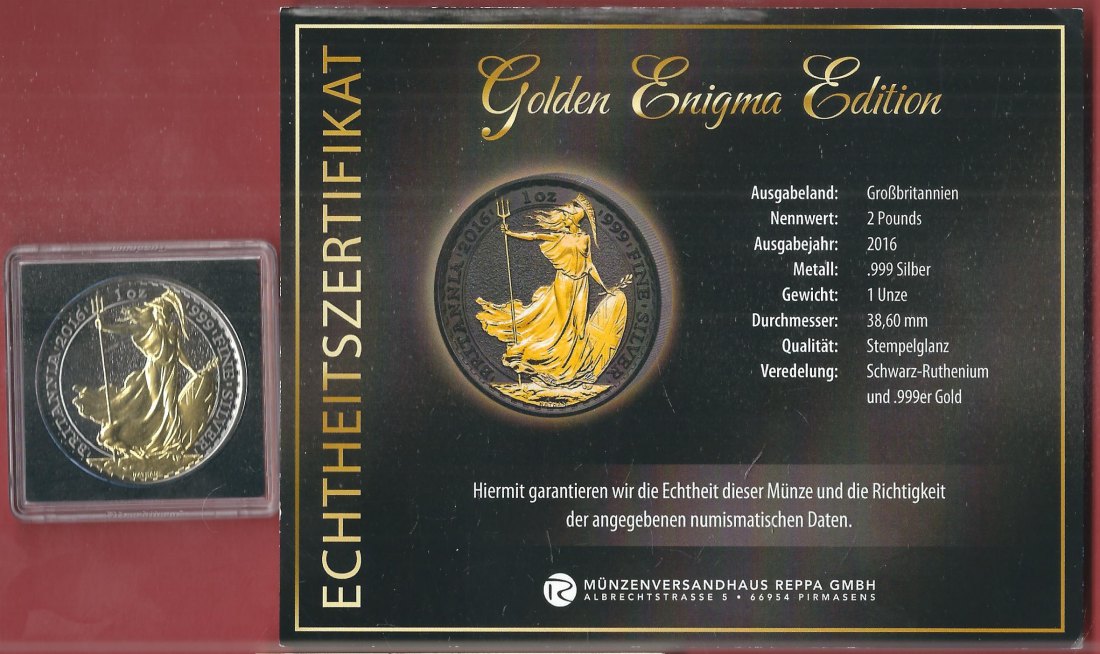  England 2 P. 2016 1 OZ Enigma Edition Koblenzer Muenzen Studio Münzankauf Koblenz Frank Maurer AL155   