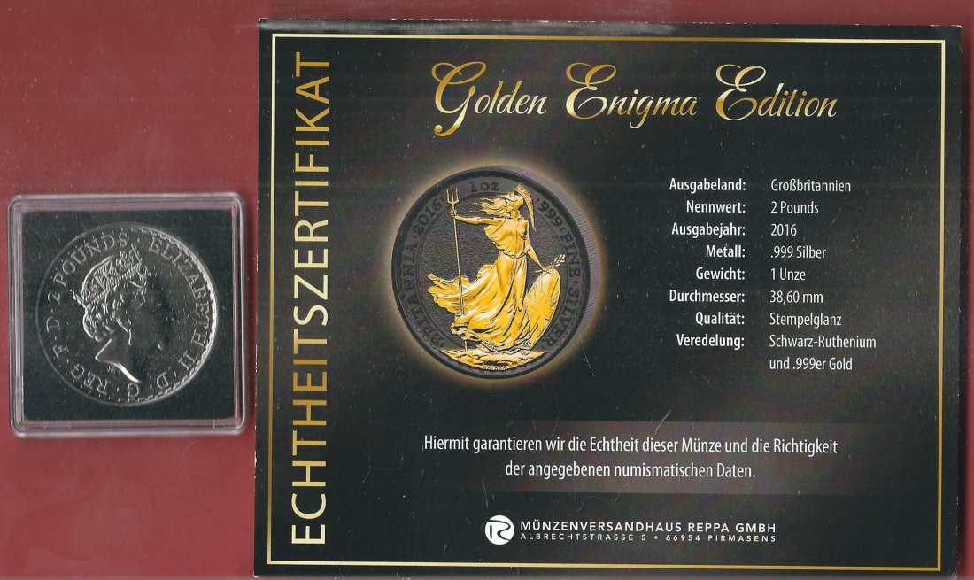  England 2 P. 2016 1 OZ Enigma Edition Koblenzer Muenzen Studio Münzankauf Koblenz Frank Maurer AL155   