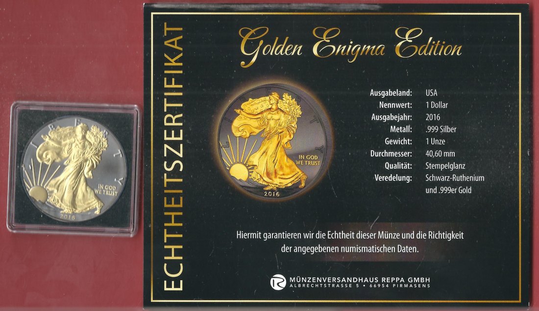  1 D. USA 2016 1 OZ Enigma Edition Koblenzer Muenzen Studio Münzankauf Koblenz Frank Maurer AL156   
