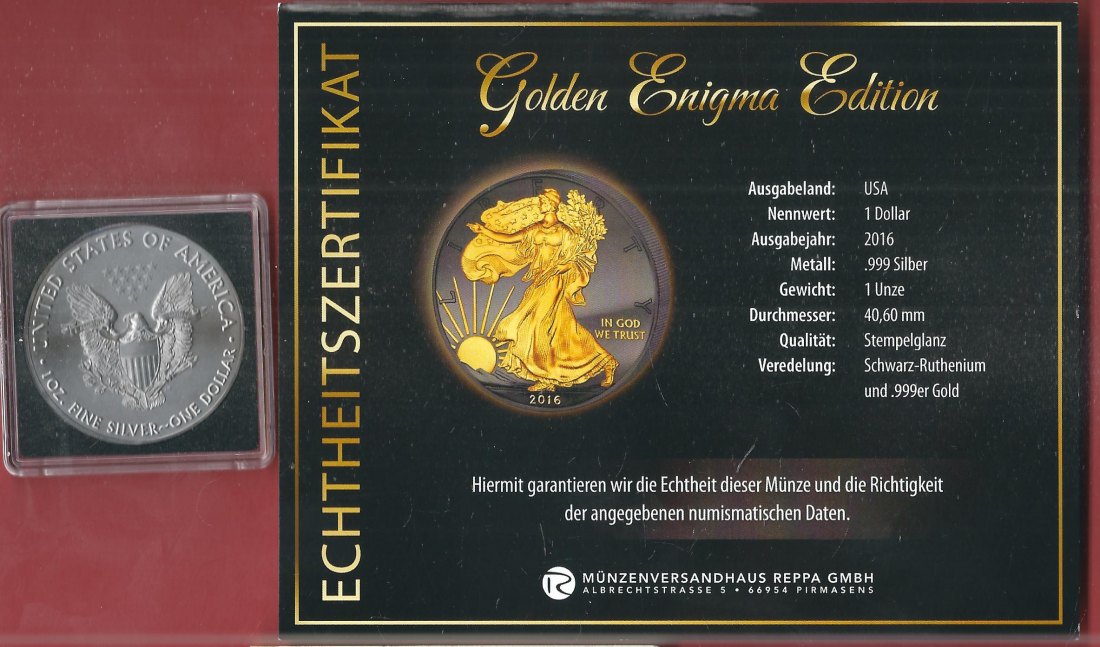  1 D. USA 2016 1 OZ Enigma Edition Koblenzer Muenzen Studio Münzankauf Koblenz Frank Maurer AL156   