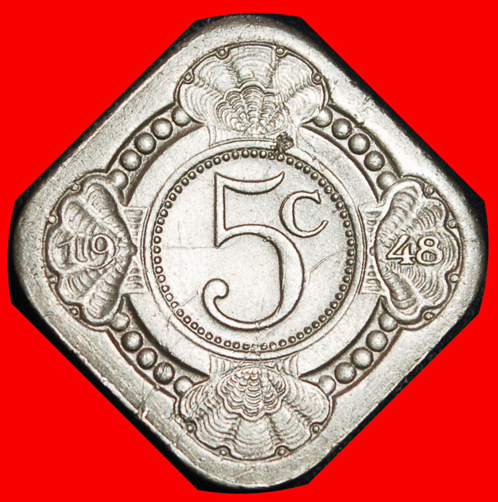  Ⰶ NETHERLANDS: CURACAO ★5 CENTS 1948 ORANGE & SHELLS! WILHELMINA (1890-1948)★LOW START ★ NO RESERVE!   