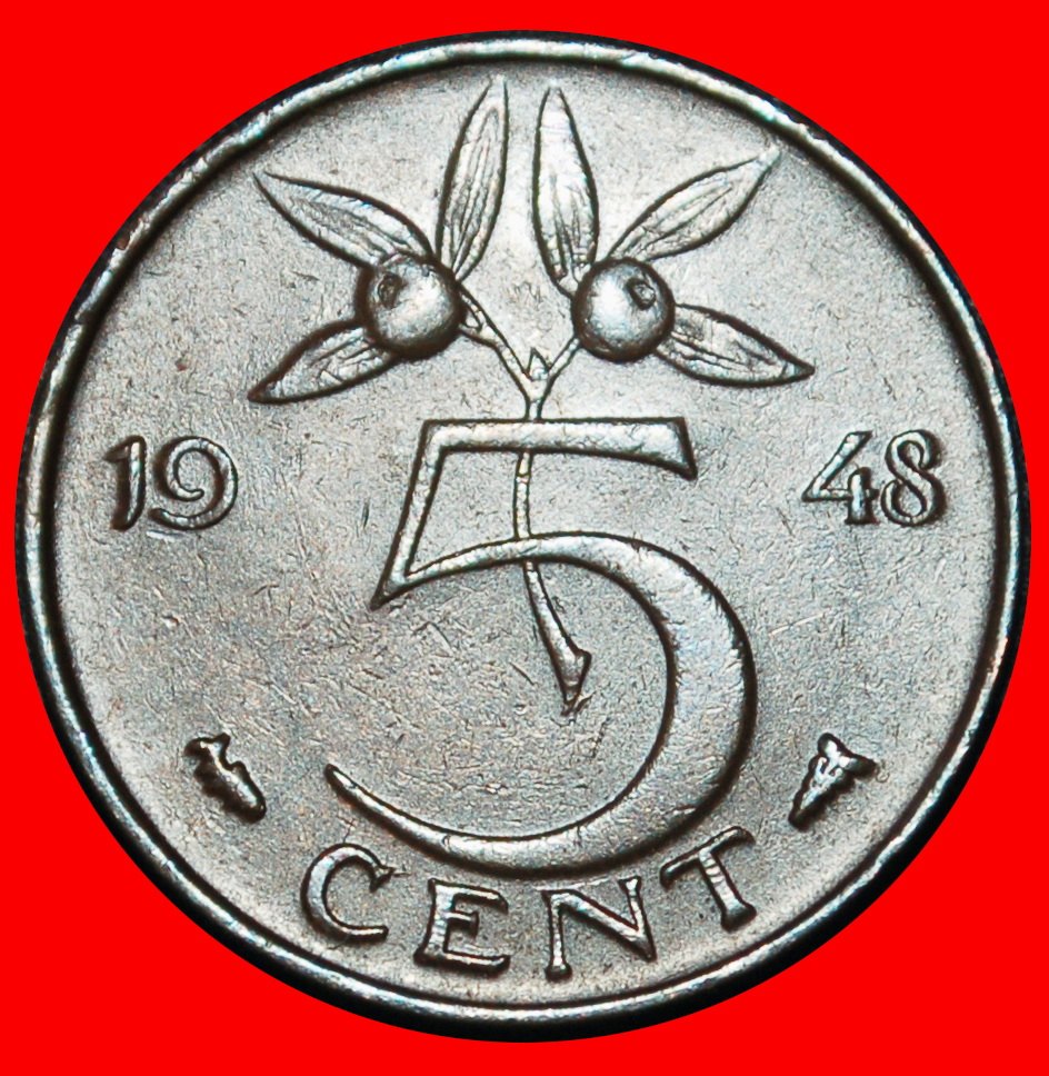  Ⰶ APFELSINE: NIEDERLANDE ★ 5 CENTS 1948 OHNE MUSCHELN! WILHELMINA (1890-1948)★OHNE VORBEHALT!   