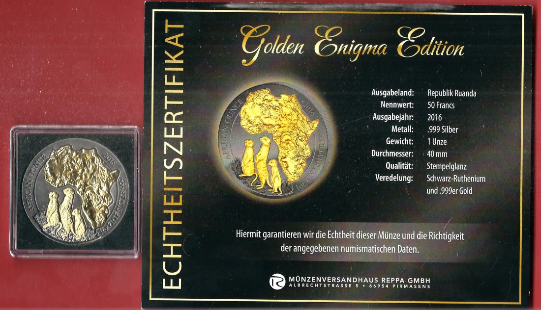 50 M. Ruanda 2016 1 OZ Enigma Edition Koblenzer Muenzen Studio Münzankauf Koblenz Frank Maurer AL157   