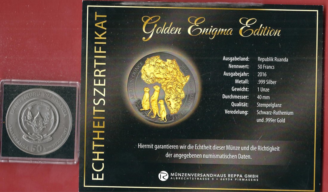  50 M. Ruanda 2016 1 OZ Enigma Edition Koblenzer Muenzen Studio Münzankauf Koblenz Frank Maurer AL157   