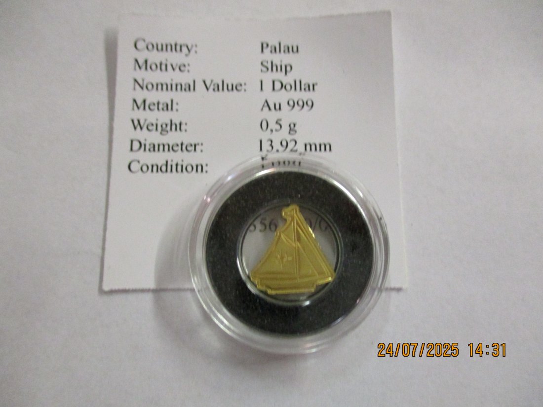 Anlagegold 0,5 Gramm 1 Dollar Palau Schiff  / 2   
