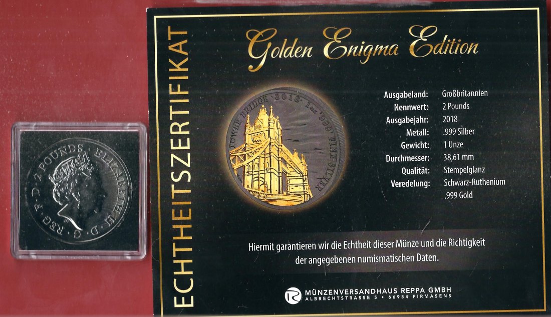  England 2 P. 2018 1 OZ Enigma Edition Koblenzer Muenzen Studio Münzankauf Koblenz Frank Maurer AL162   