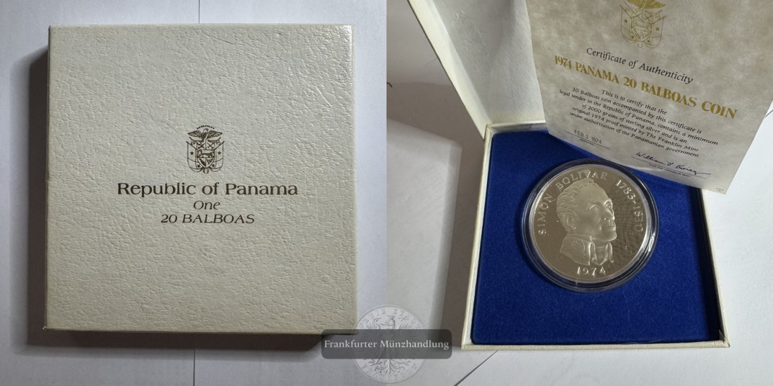  Panama 20 Balboas 1974 (1972-76) FM-Frankfurt KM#31 Feinsilber: 119,87g   