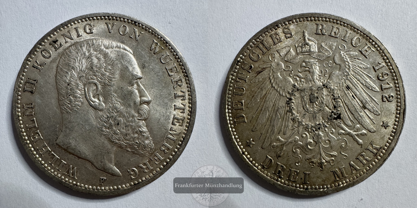  Kaiserreich Württemberg 3 Mark  1912 F  Wilhelm II. 1891-1918 FM-Frankfurt Feinsilber: 15g   