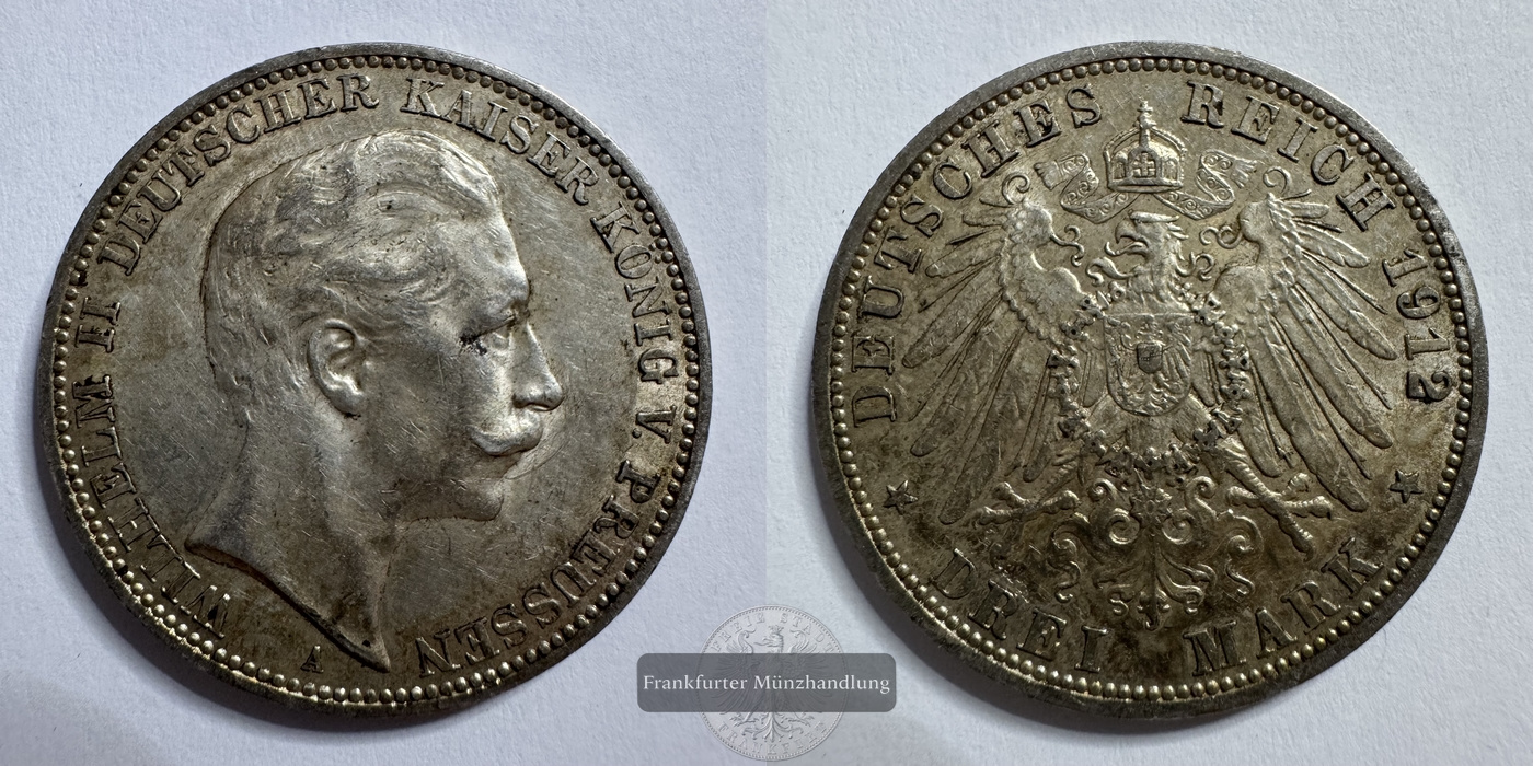  Dt. Kaiserreich, Preussen 3 Mark 1912 A Wilhelm II FM-Frankfurt KM#527 Feinsilber: 15g   