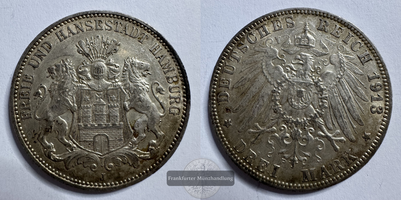  Dt. Kaiserreich Hamburg, 3 Mark 1913 J FM-Frankfurt KM#620 Feinsilber: 15g   