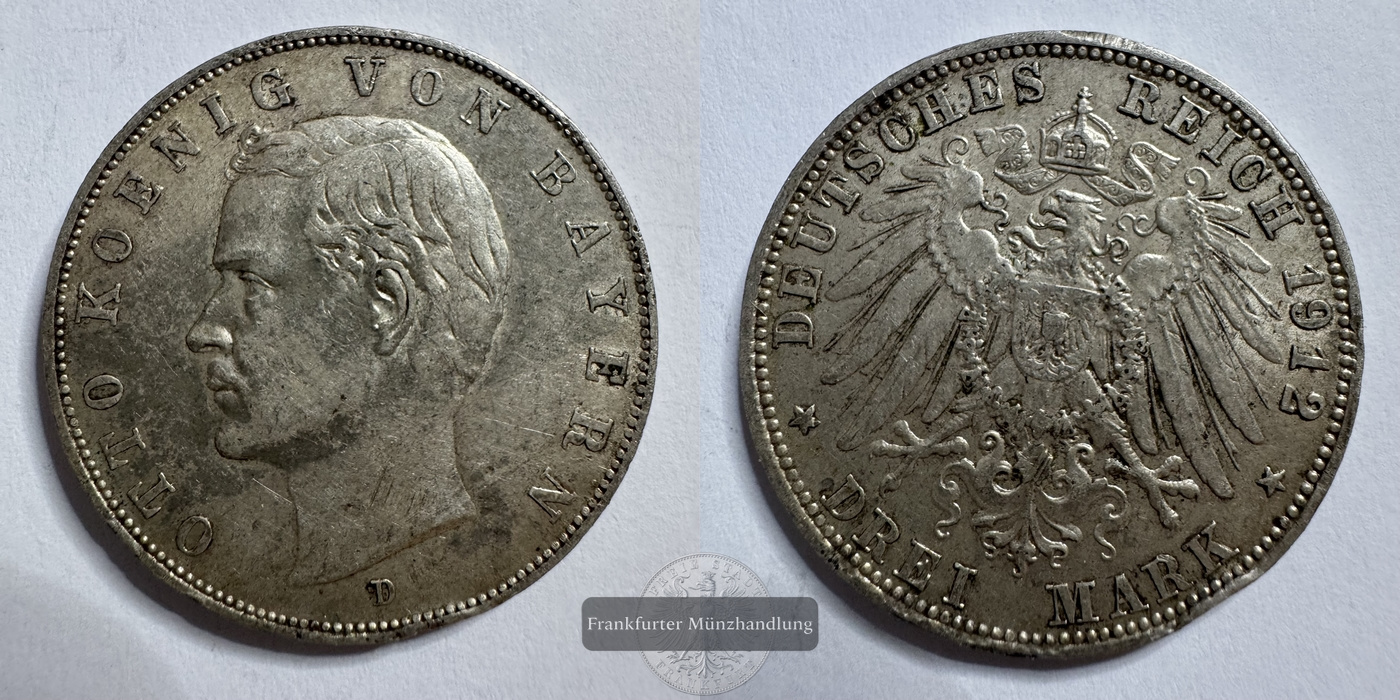  Deutsches Kaiserreich Bayern, Otto 3 Mark  1912 D FM-Frankfurt  Feinsilber: 15g   