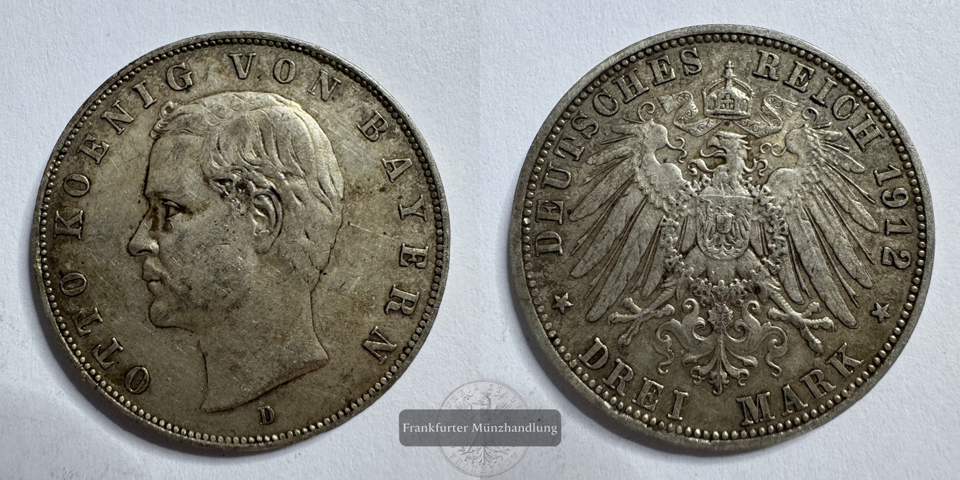  Deutsches Kaiserreich Bayern, Otto 3 Mark  1912 D FM-Frankfurt  Feinsilber: 15g   
