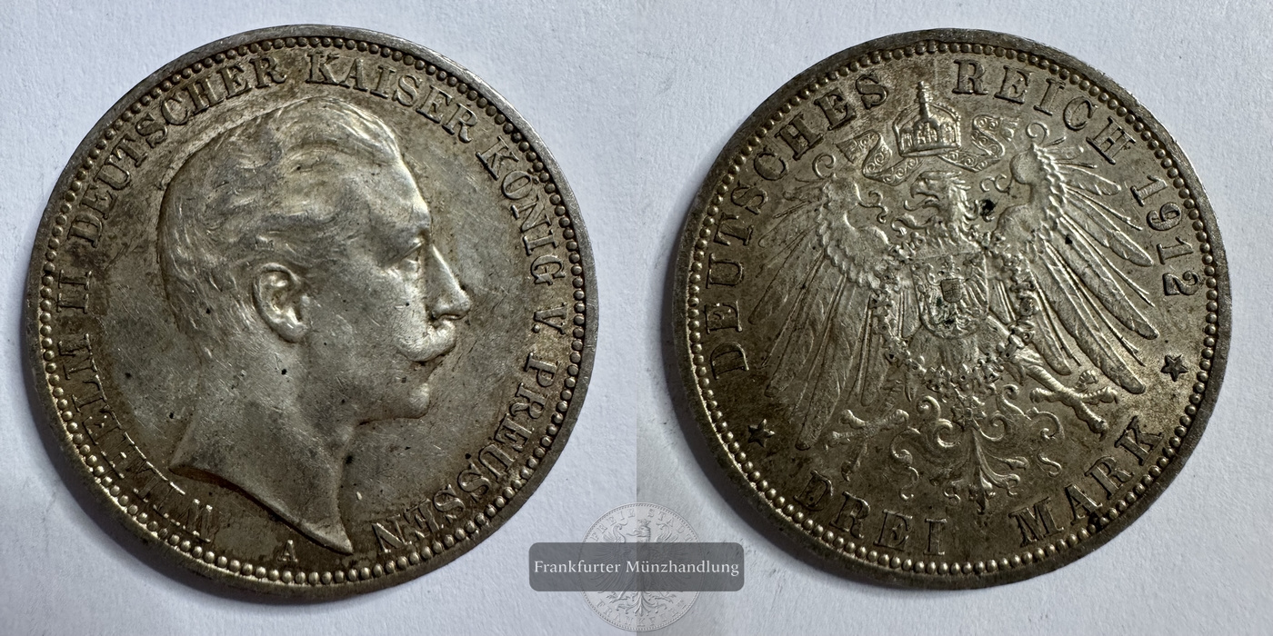  Dt. Kaiserreich, Preussen 3 Mark 1912 A Wilhelm II FM-Frankfurt KM#527 Feinsilber: 15g   