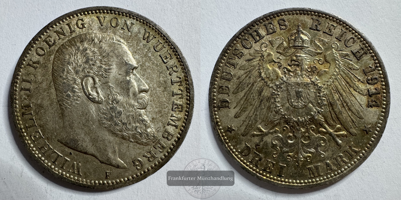  Kaiserreich Württemberg 3 Mark  1914 F   Wilhelm II. 1891-1918  FM-Frankfurt   Feinsilber: 15g   
