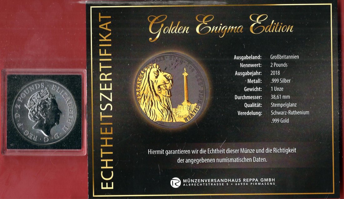  England 2 P. 2018 1 OZ Enigma Edition Koblenzer Muenzen Studio Münzankauf Koblenz Frank Maurer AL165   