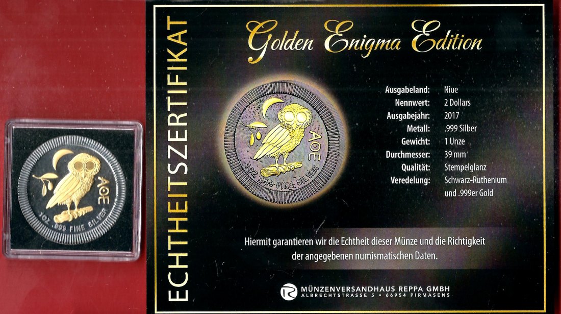  Niue 2 D. 2017 1 OZ Enigma Edition Koblenzer Muenzen Studio Münzankauf Koblenz Frank Maurer AL166   